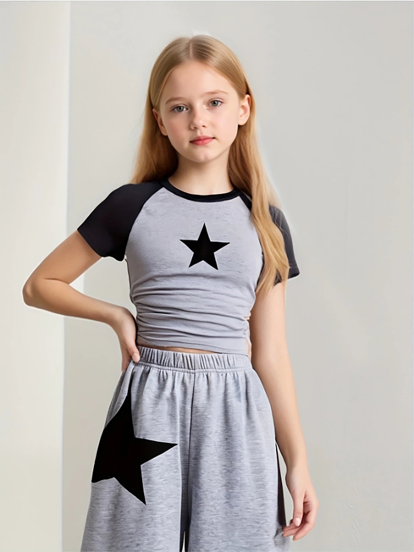 Artículos de moda para niñas, ropa para niñas, conjunto de 2 piezas para niñas, conjunto para el regreso a clases, estampado de estrellas, pantalones deportivos anchos grises, fútbol americano, voleibol, Acción de Graci