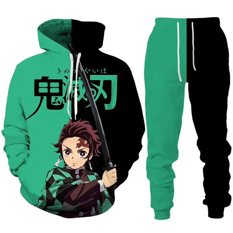 Sudaderas con capucha de Anime Demon Slayer, pantalones de Cosplay con estampado 3D + Sudadera con capucha, conjunto de 2 uds, chándal para hombre, ropa de calle Vintage de gran tamaño, conjuntos de pantalones con capucha