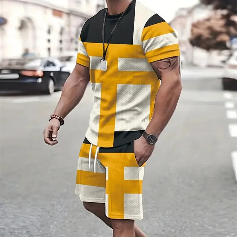 2024 de moda para hombre, ropa deportiva, camiseta de manga corta y pantalones cortos deportivos de verano, traje de retazos Vintage Casual, traje de dos piezas para hombre