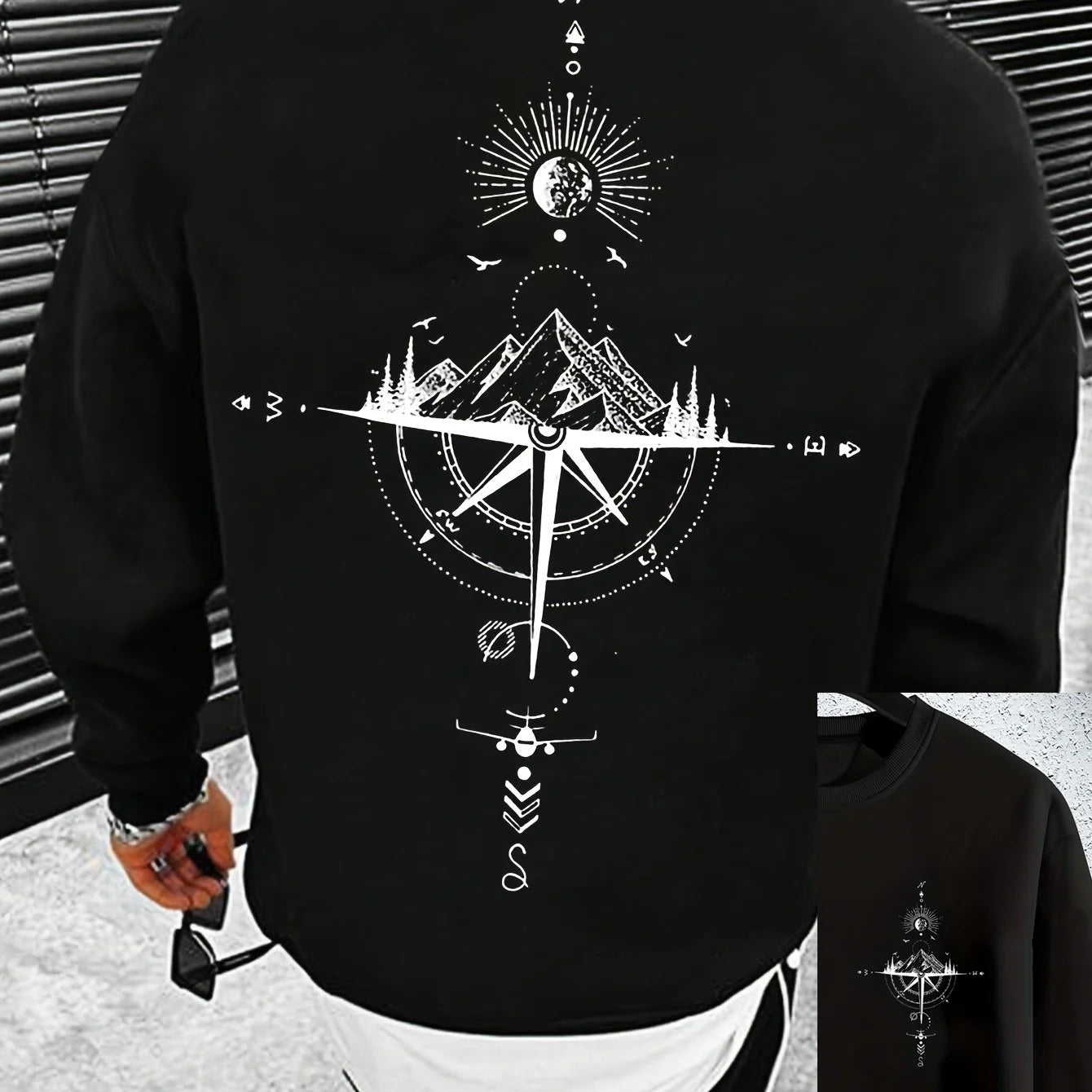 Sudadera holgada informal de otoño e invierno para hombre, sudadera clásica de manga larga con estampado geométrico de montaña y color beige a la moda