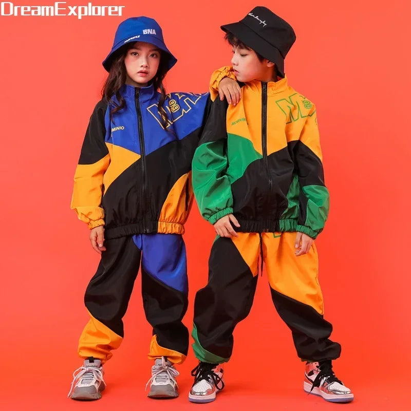 Abrigo de contraste de Hip Hop para niños y niñas, conjunto de ropa de Jazz para correr, chaqueta de retazos de baile callejero, pantalones de chándal, disfraz para niños, ropa de calle