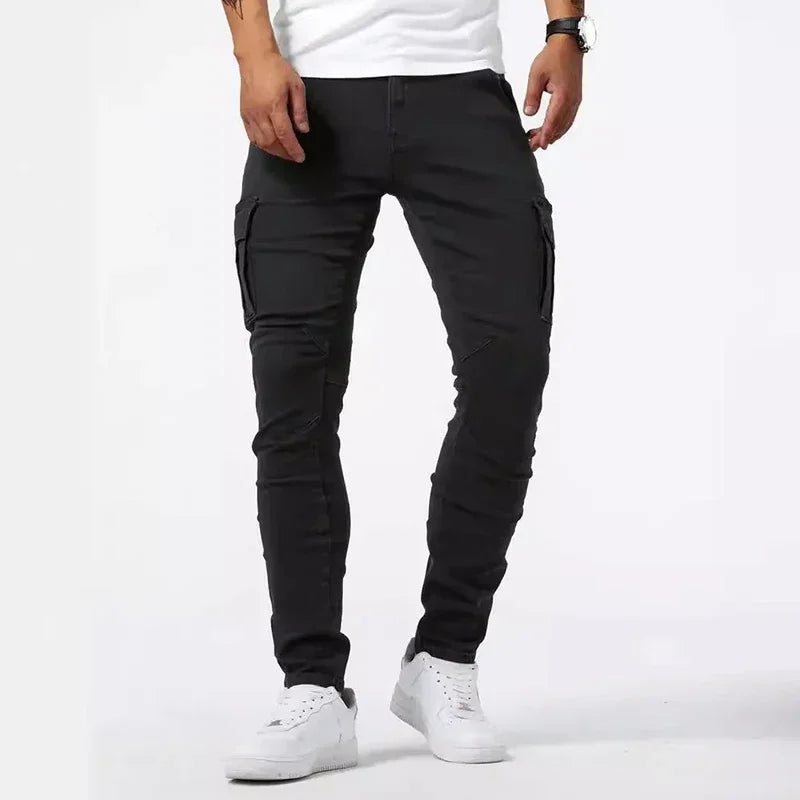 Pantalones vaqueros de tubo informales para hombre, elásticos, con múltiples bolsillos, pequeños, ajustados, de calle, vaqueros Cargo de cintura media de Color sólido