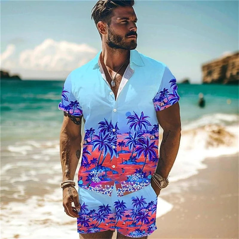 Camisa de manga corta de estilo de vacaciones de playa, conjunto de 2 piezas con estampado de árbol de coco de verano, camisa de un solo botonadura y pantalones cortos con cordón
