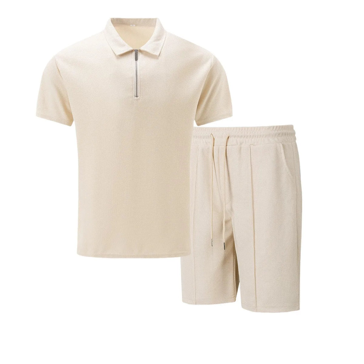 Conjunto de Dos Piezas para Hombre, Verano 2026, Estilo Europeo y Estadounidense, Color Liso, Cierre de Cremallera, Solapa, Manga Corta, Pantalones Cortos