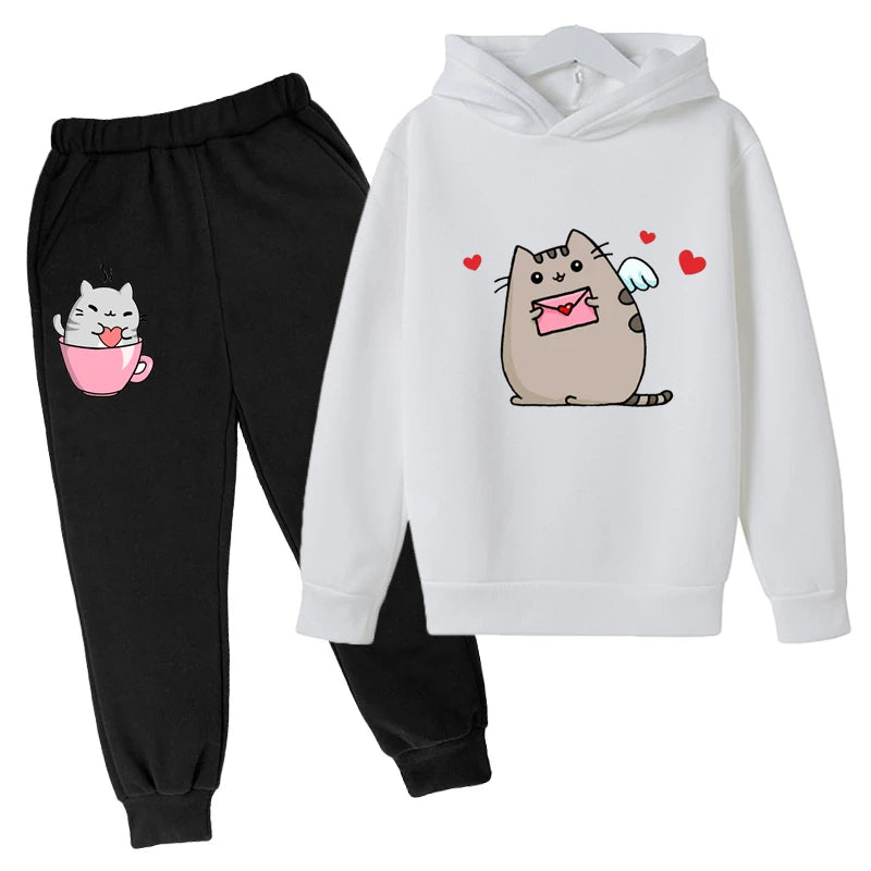Sudadera con capucha con estampado de gato de Nutella para niños, ropa divertida para niñas y niños, conjuntos de ropa Harajuku Kawaii para niños, Invierno