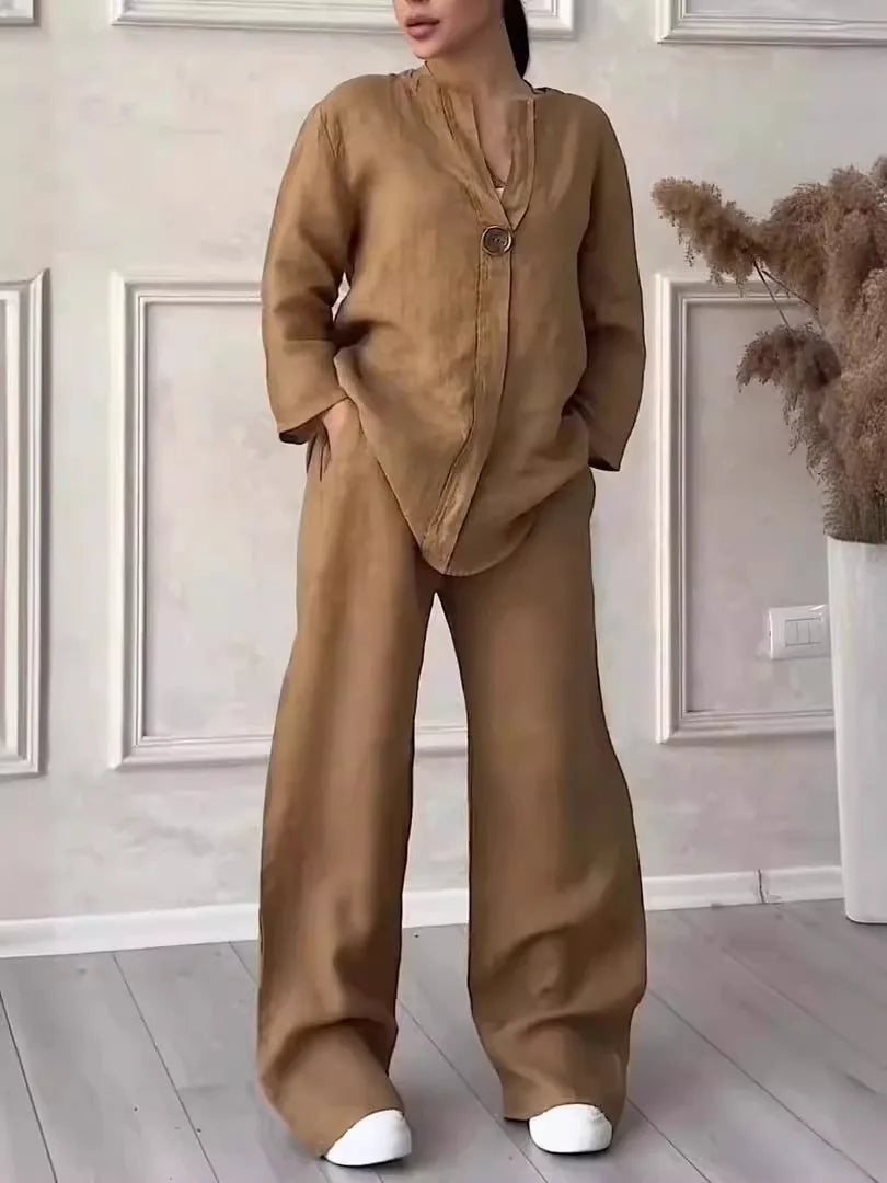 Conjuntos de lino y algodón, dos piezas, venta informal, manga larga, blusa holgada con botones, camisa y pantalones sueltos de pierna ancha de alta elasticidad, trajes NMD-3021