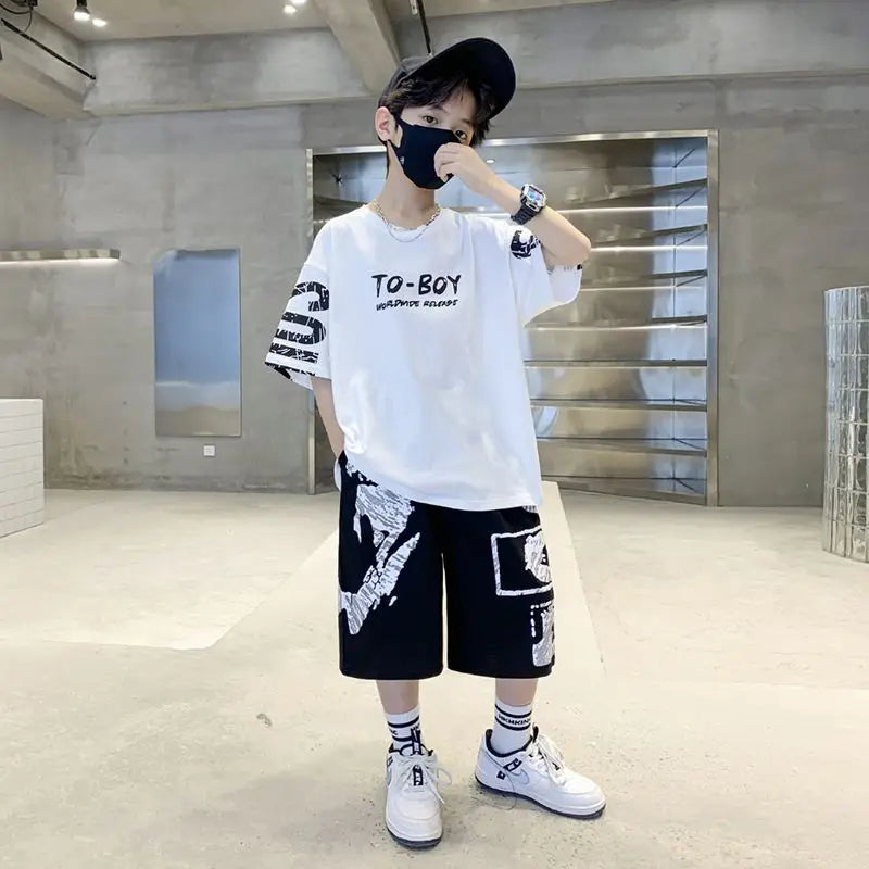 Conjunto de ropa deportiva informal para niños, camisetas de 2 piezas y pantalones, trajes de 3 a 14 años, estilo Hip Hop, moda de verano