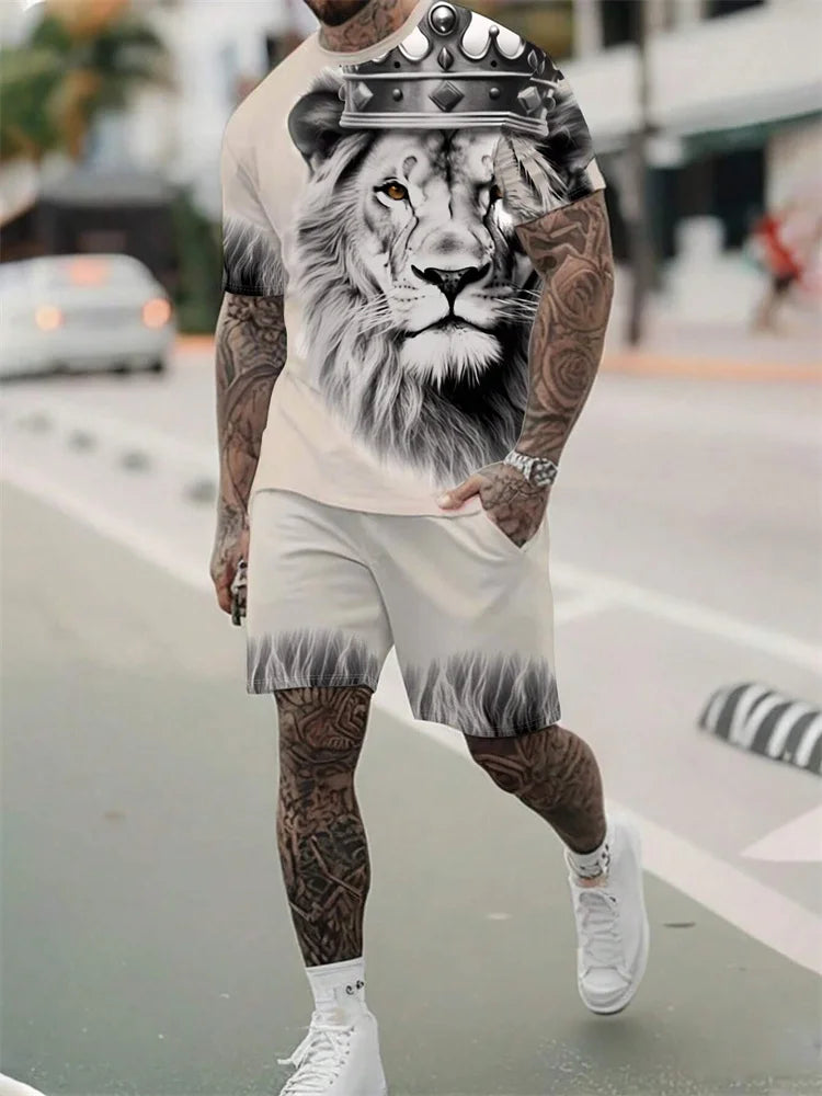Nueva 2024 Camiseta de manga corta con cuello redondo, conjunto de pantalones cortos de moda con estampado de León en 3D, conjunto de 2 piezas de deportes de verano para hombres