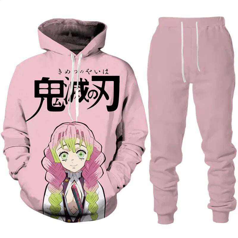 Sudaderas con capucha de Anime Demon Slayer, pantalones de Cosplay con estampado 3D + Sudadera con capucha, conjunto de 2 uds, chándal para hombre, ropa de calle Vintage de gran tamaño, conjuntos de pantalones con capucha