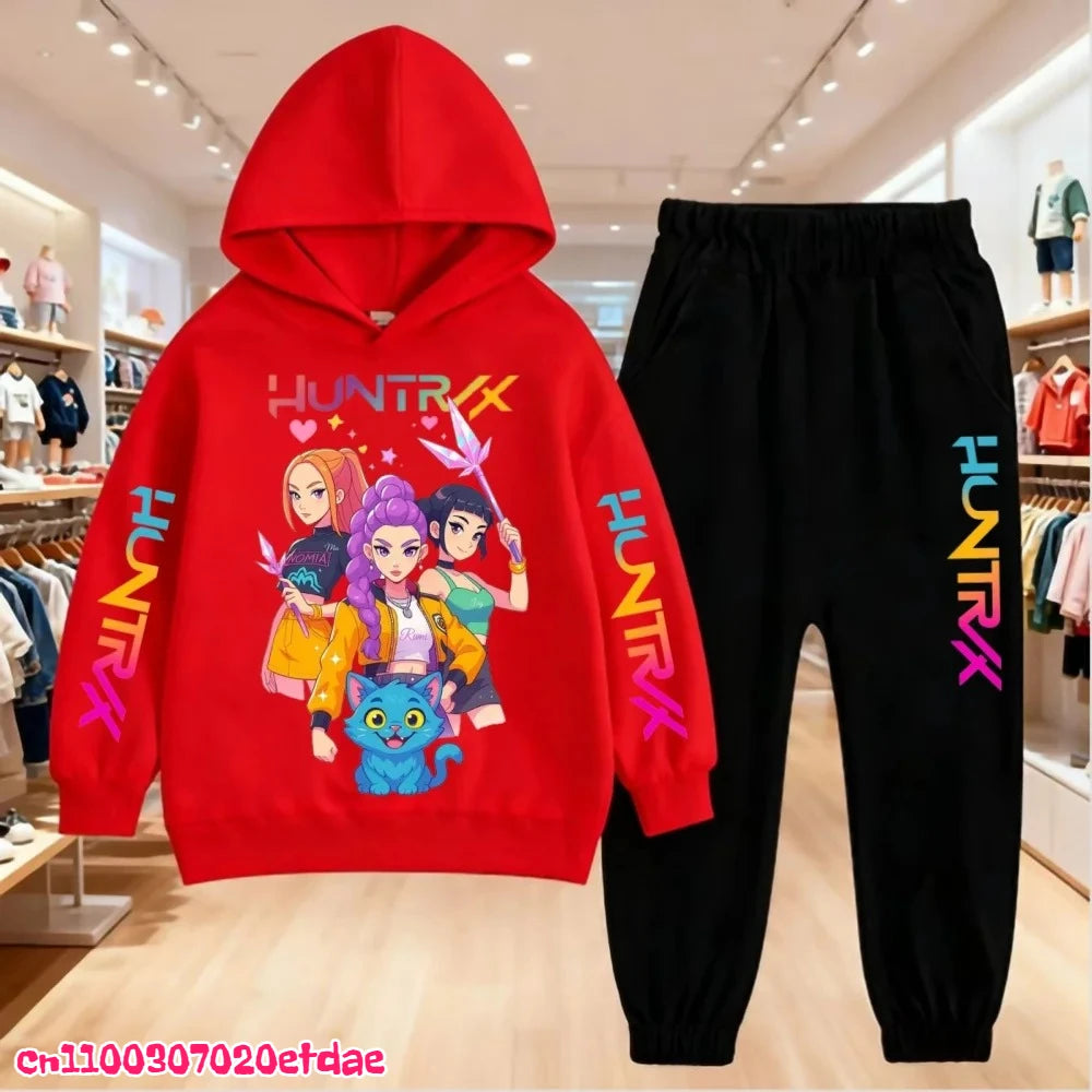 Otoño Invierno Sudadera con capucha para niños KPop Demon Hunters ropa de ocio prendas de vestir exteriores sudadera + Pantalones conjunto 3-12 años niños niñas regalo