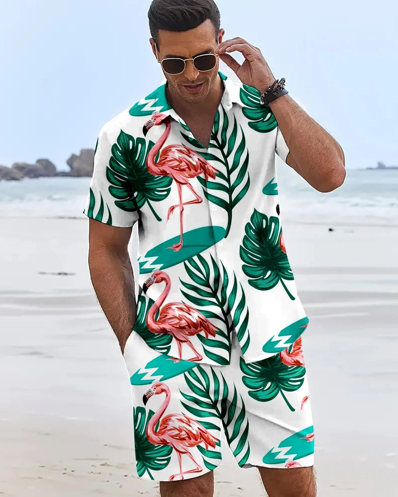 2025 Camisas con estampado de flamencos en 3D para hombre, pantalones cortos hawaianos de manga corta para vacaciones en la playa, conjuntos de moda de tendencia Hip Hop de verano de 2 piezas para hombre