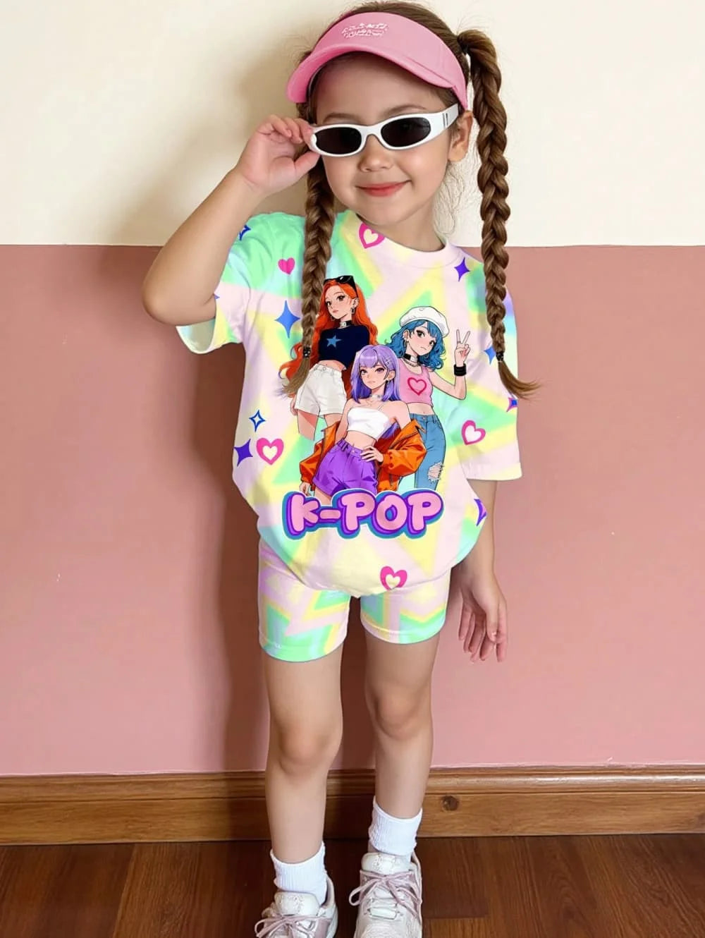 Conjunto de Camiseta y Pantalones con Estampado de Dibujos Animados Kpop, Ropa de Verano para Niñas, Conjunto de Manga Corta, Conjunto de Camiseta y Pantalones Cortos para Niños
