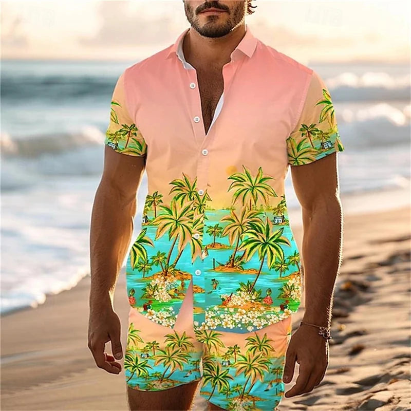 Camisa de manga corta de estilo de vacaciones de playa, conjunto de 2 piezas con estampado de árbol de coco de verano, camisa de un solo botonadura y pantalones cortos con cordón