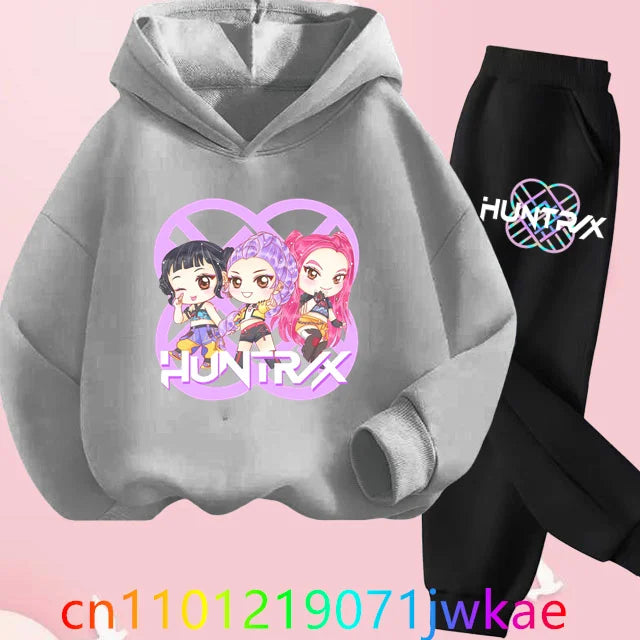 Conjuntos de sudaderas con capucha y pantalones de cazadores de demonios para adolescentes, Sudadera con capucha de película de Anime coreano para niños y niñas, trajes deportivos con capucha de manga larga a la moda