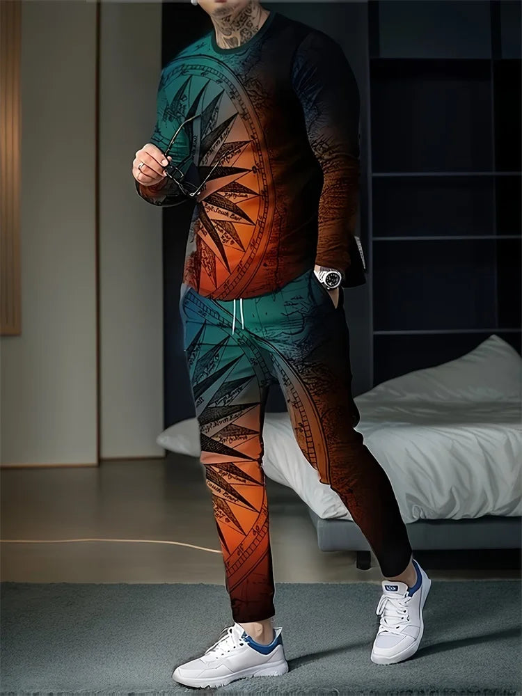 Camiseta de manga larga para hombre, conjuntos de pantalones informales para todos los días, con estampado de los indios africanos, a la moda, primavera y otoño