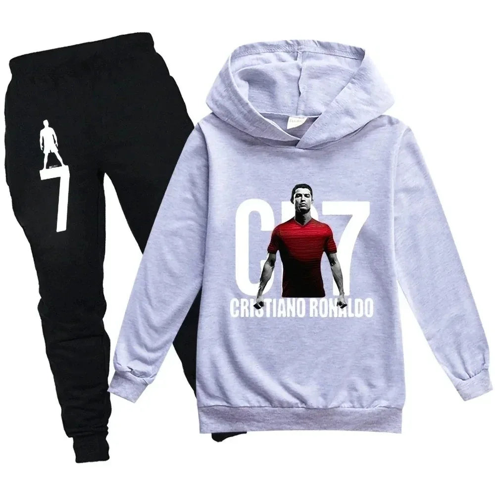 Conjunto de Sudadera con Capucha y Pantalones con Estampado de Fútbol CR7 para Niños de 3 a 12 Años, Primavera-Otoño, 2 Piezas, Conjunto Infantil, Trajes de Pantalones, Ropa para Niños