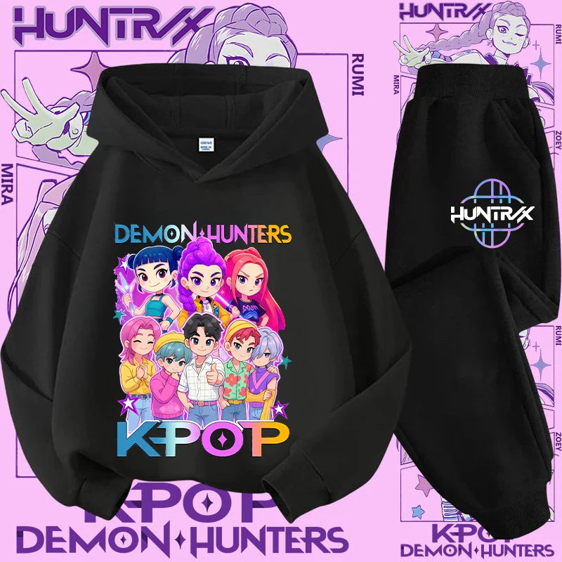 Ropa deportiva para niñas de 2 a 12 años, conjunto de 2 piezas, Top informal bonito, K-pop Demon Hunter, conjunto de camisa con capucha estampada, traje de pantalón, chándal