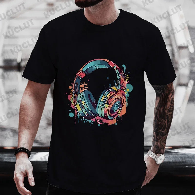Camiseta de Verano para Hombre, Estilo Hip Hop, con Estampado Gráfico de Auriculares, Ropa Casual Urbana, Divertida, con Estampado Moderno