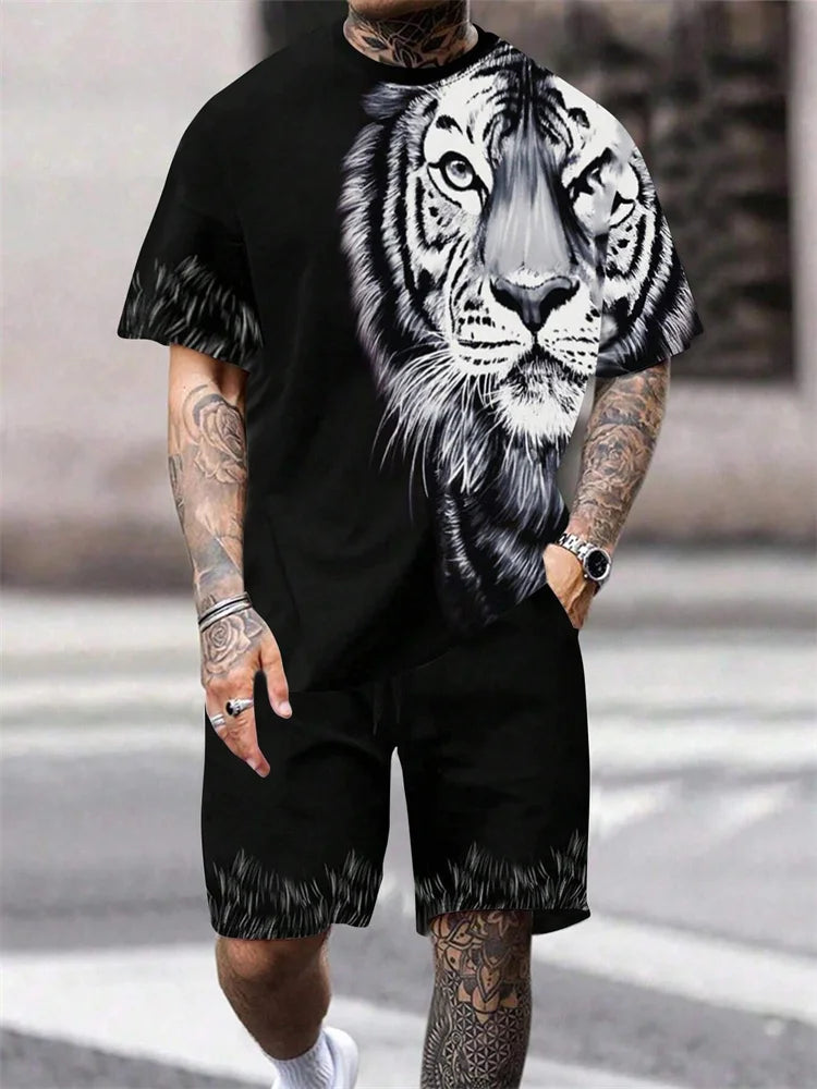 Nueva 2024 Camiseta de manga corta con cuello redondo, conjunto de pantalones cortos de moda con estampado de León en 3D, conjunto de 2 piezas de deportes de verano para hombres