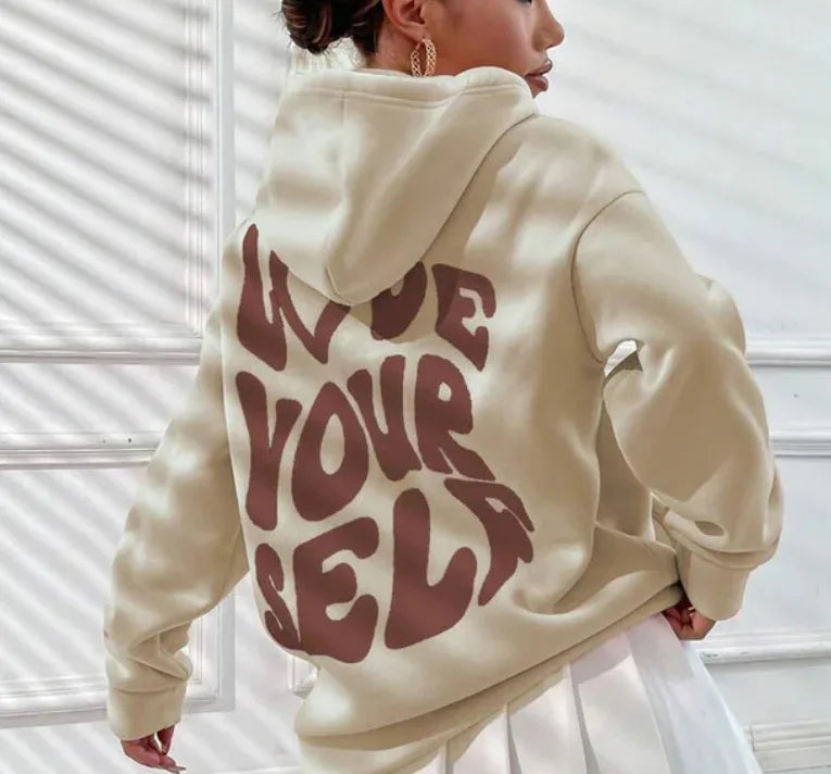 Sudadera con capucha de lana con hombros caídos para mujer con nueva letra trasera estampada