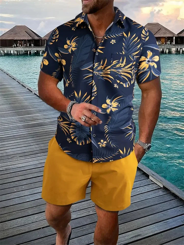 Conjunto Hombre Verano Playa Hawaiano Oversize – Camisa Manga Corta + Shorts Estampado 3D (2 Piezas)