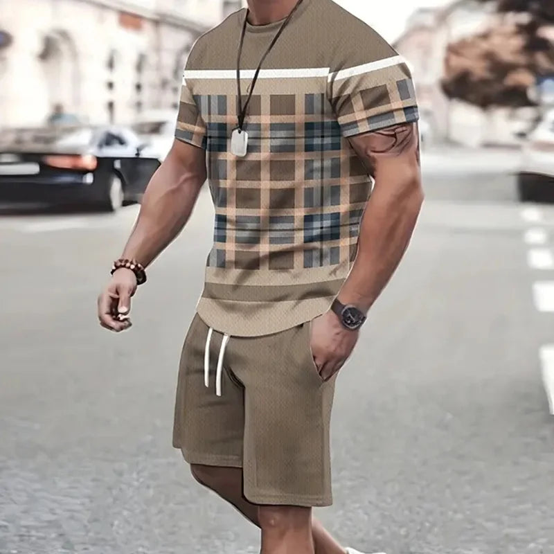 2024 de moda para hombre, ropa deportiva, camiseta de manga corta y pantalones cortos deportivos de verano, traje de retazos Vintage Casual, traje de dos piezas para hombre