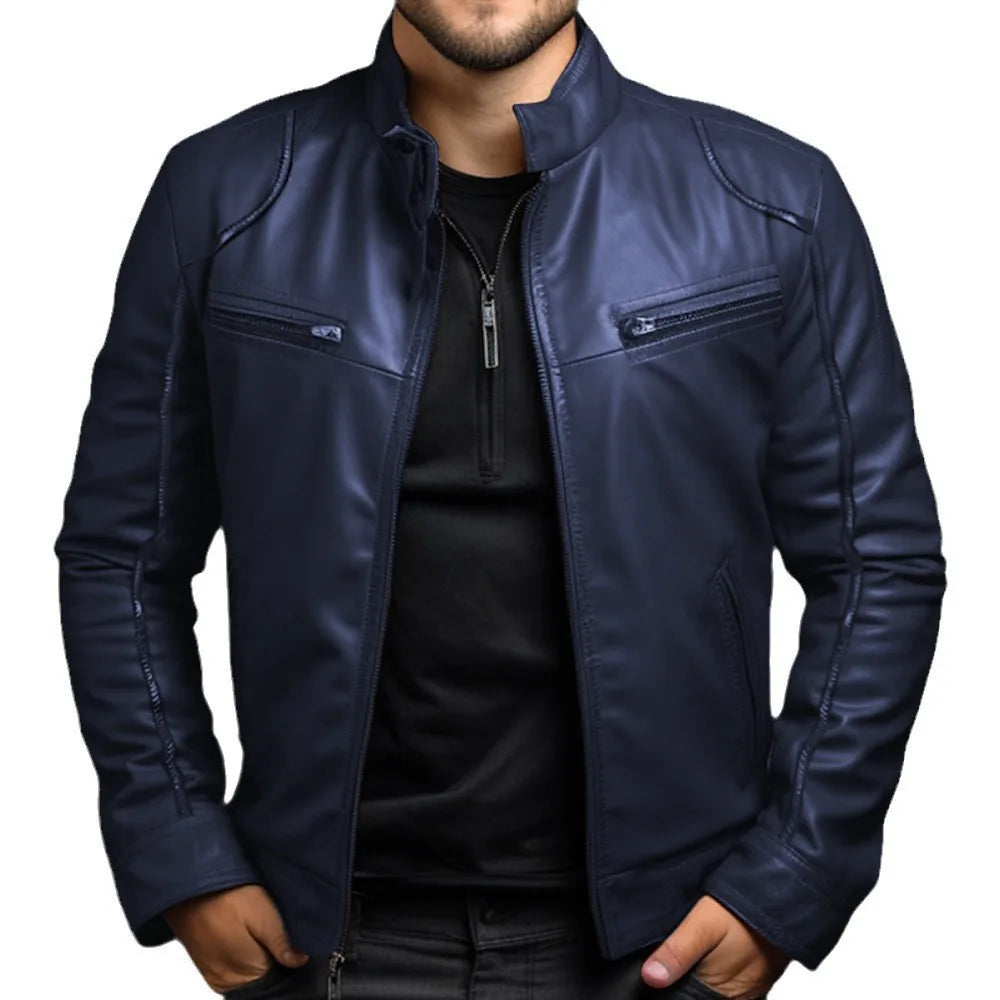 Chaqueta informal de cuero PU para hombre, estilo Punk, cuello con cremallera, multicremallera, ropa de calle de estilo motero más baja a la moda