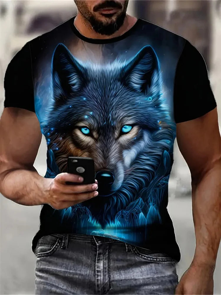 Camiseta con estampado de lobo en 3D para hombre, camisa informal de manga corta con cuello redondo, tela transpirable y cómoda, ropa de calle para exteriores para hombre