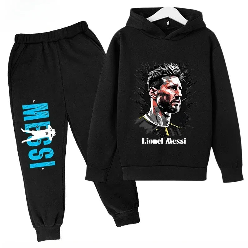 Conjunto deportivo para niños de primavera y otoño, traje con capucha y pantalones con estampado de Messi, conjunto de 2 uds., ropa para niños y niñas, chándal informal de moda
