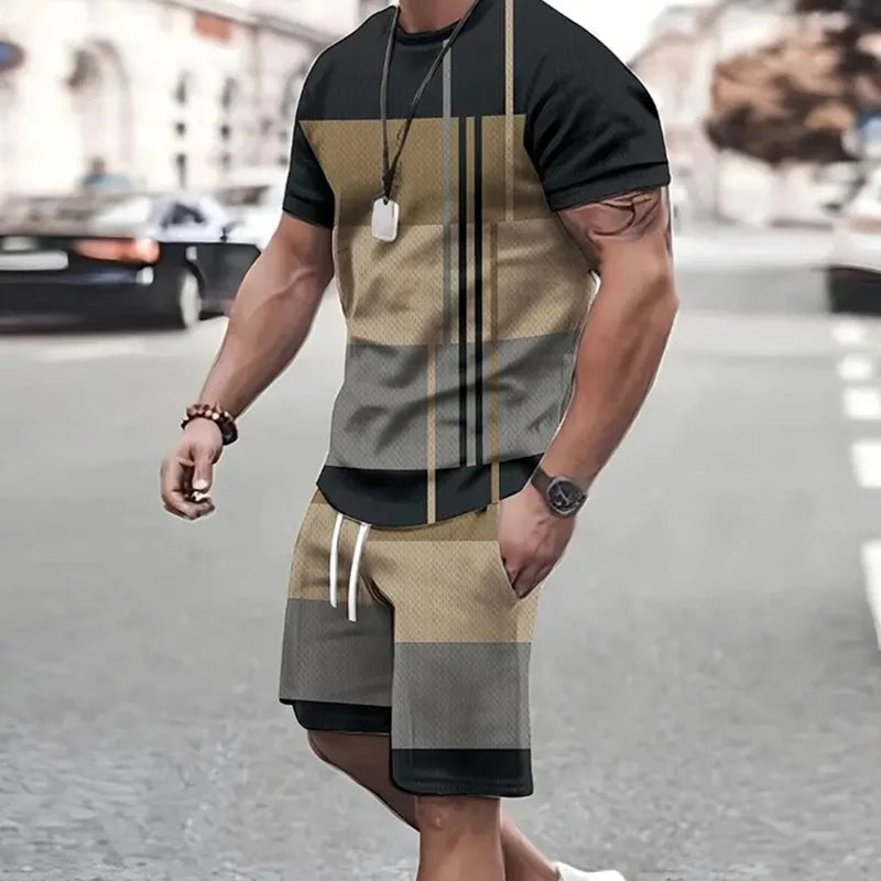 2024 de moda para hombre, ropa deportiva, camiseta de manga corta y pantalones cortos deportivos de verano, traje de retazos Vintage Casual, traje de dos piezas para hombre