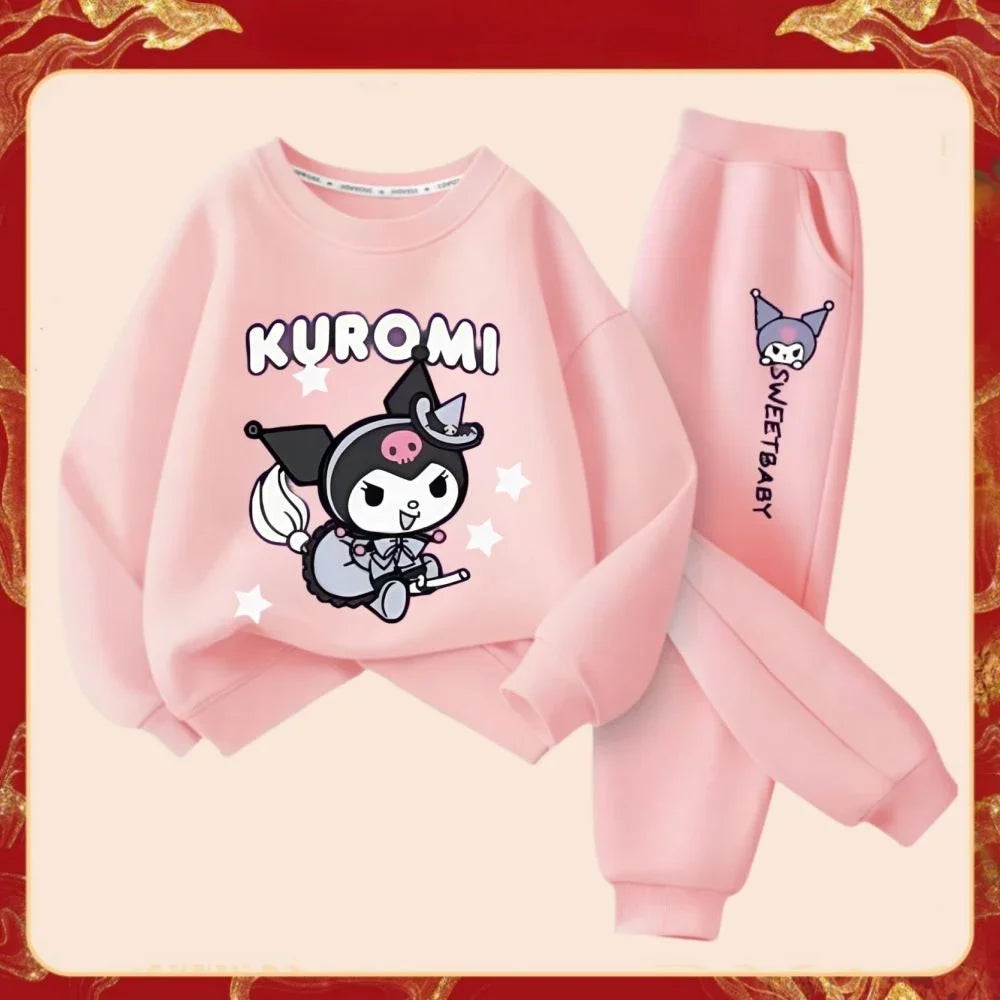 Conjunto de ropa para bebé de primavera y otoño para niña, sudaderas con estampado Kuromi, jersey, Tops y pantalones, conjunto de sudadera y pantalones de chándal de 2 fotos