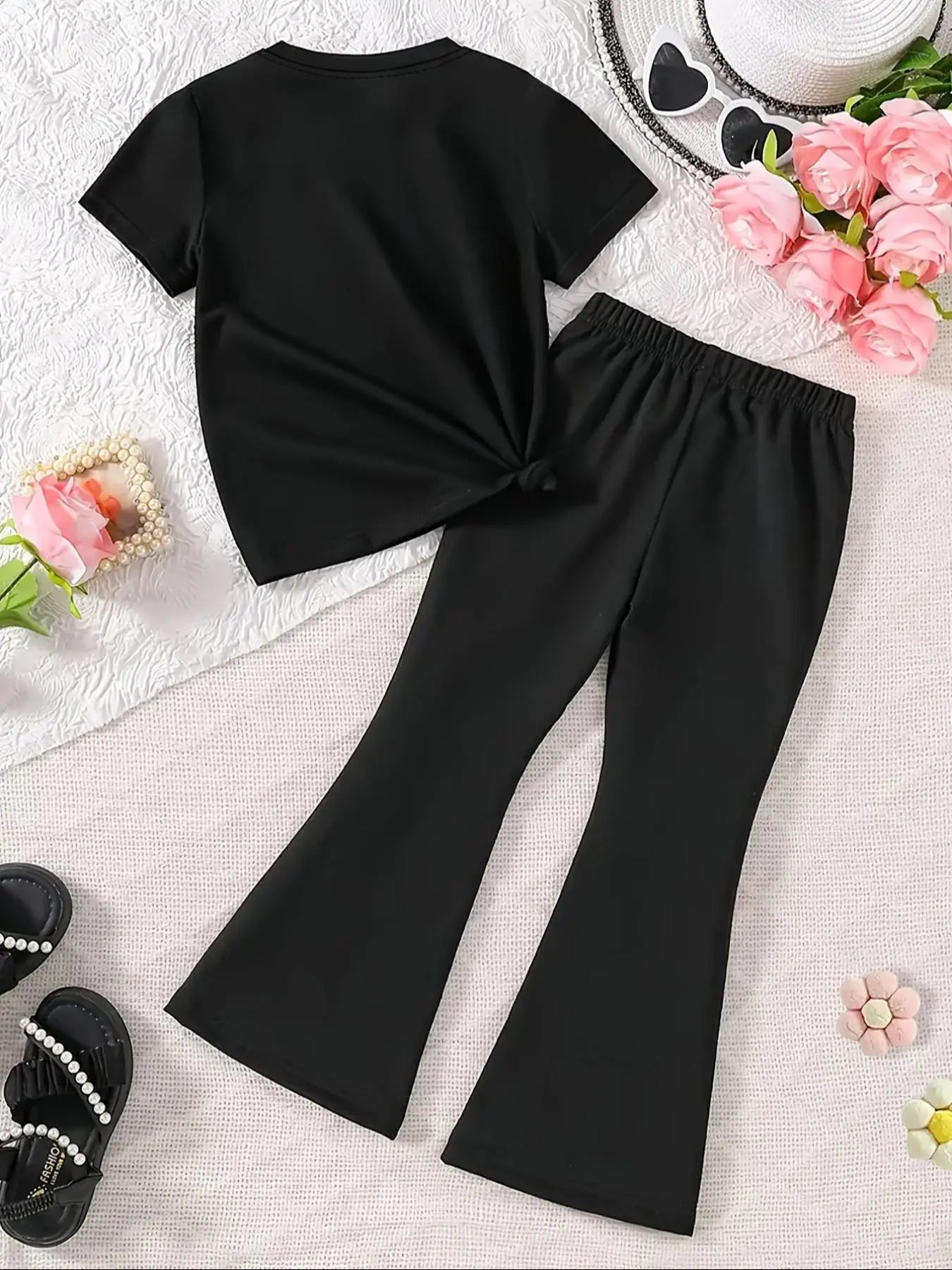 Conjunto de pantalones deportivos informales de manga corta y boca acampanada con estampado de grupo de tres niñas, ropa deportiva de marca de moda para niñas, pantalones cómodos con cintura elástica, cómodos para salir