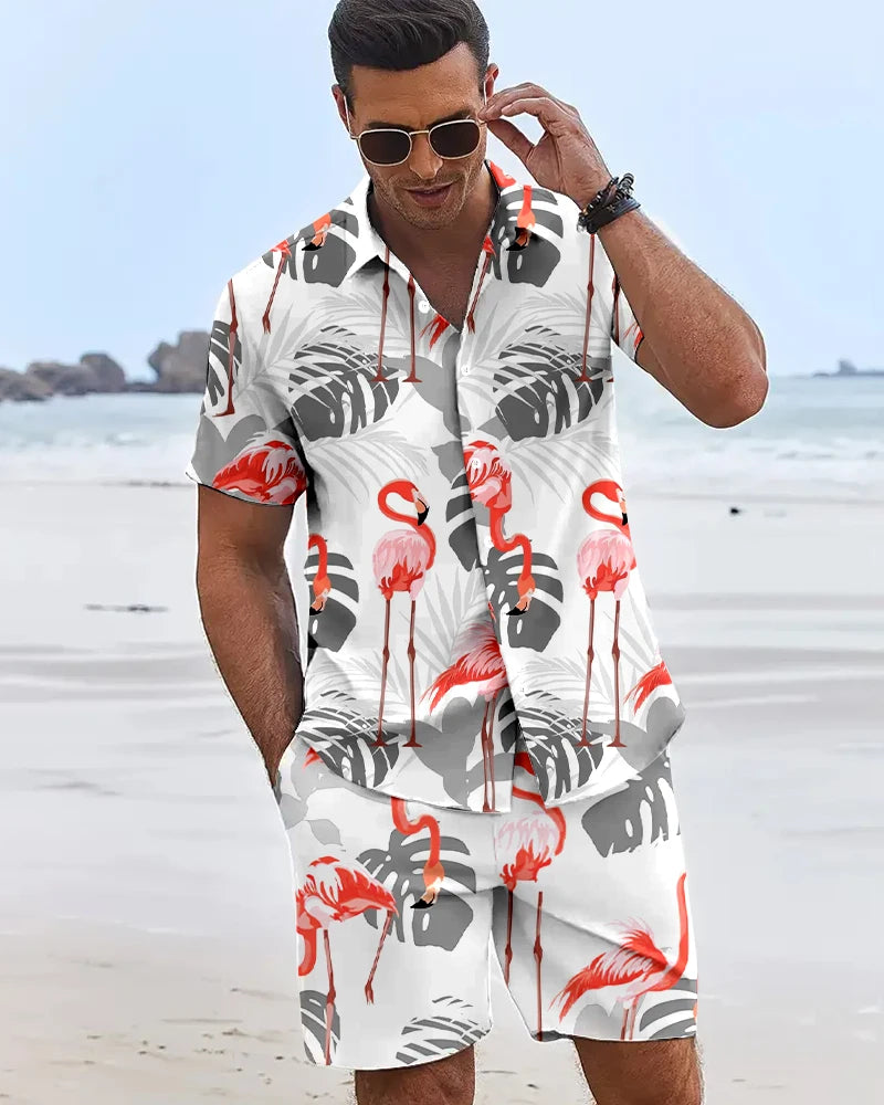 2025 Camisas con estampado de flamencos en 3D para hombre, pantalones cortos hawaianos de manga corta para vacaciones en la playa, conjuntos de moda de tendencia Hip Hop de verano de 2 piezas para hombre
