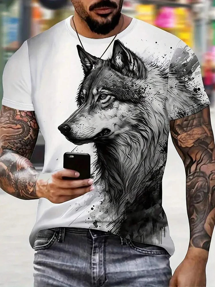 Camiseta con estampado de lobo en 3D para hombre, camisa informal de manga corta con cuello redondo, tela transpirable y cómoda, ropa de calle para exteriores para hombre