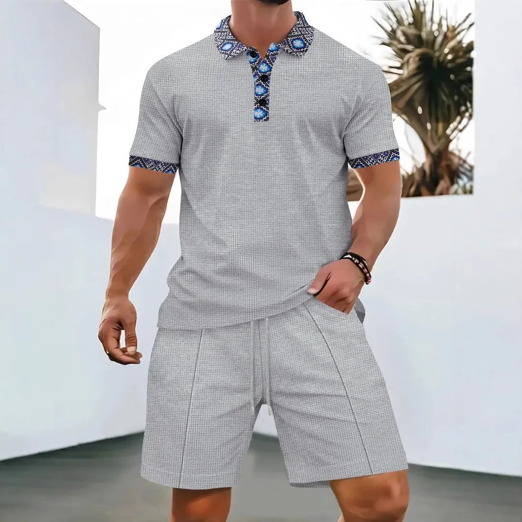 Conjunto de Dos Piezas para Hombre, Verano 2026, Estilo Europeo y Estadounidense, Color Liso, Cierre de Cremallera, Solapa, Manga Corta, Pantalones Cortos