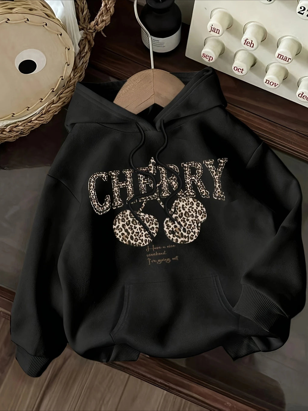 Sudadera con estampado de leopardo y letras de cereza para mujer, sudadera con cuello redondo, Top informal de manga larga, sudaderas con capucha, ropa para mujer