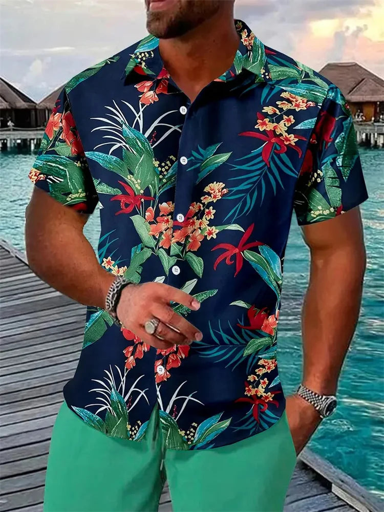 Conjunto Hombre Verano Playa Hawaiano Oversize – Camisa Manga Corta + Shorts Estampado 3D (2 Piezas)