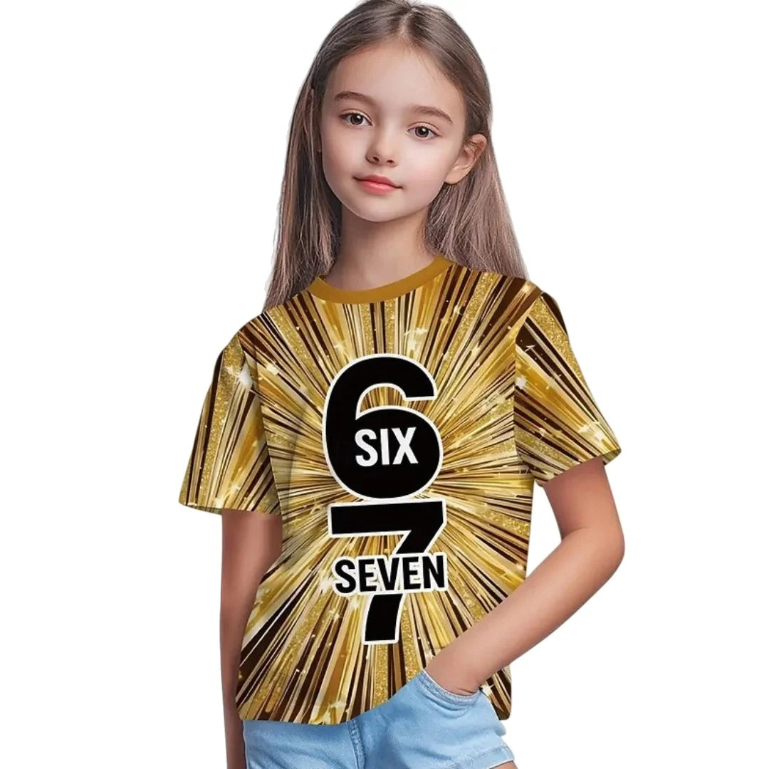 Nueva camiseta 67 Meme para niños y niñas, camisetas de manga corta con estampado 3D de tinta salpicada a la moda para niñas, Top de cuello redondo, ropa holgada para niños