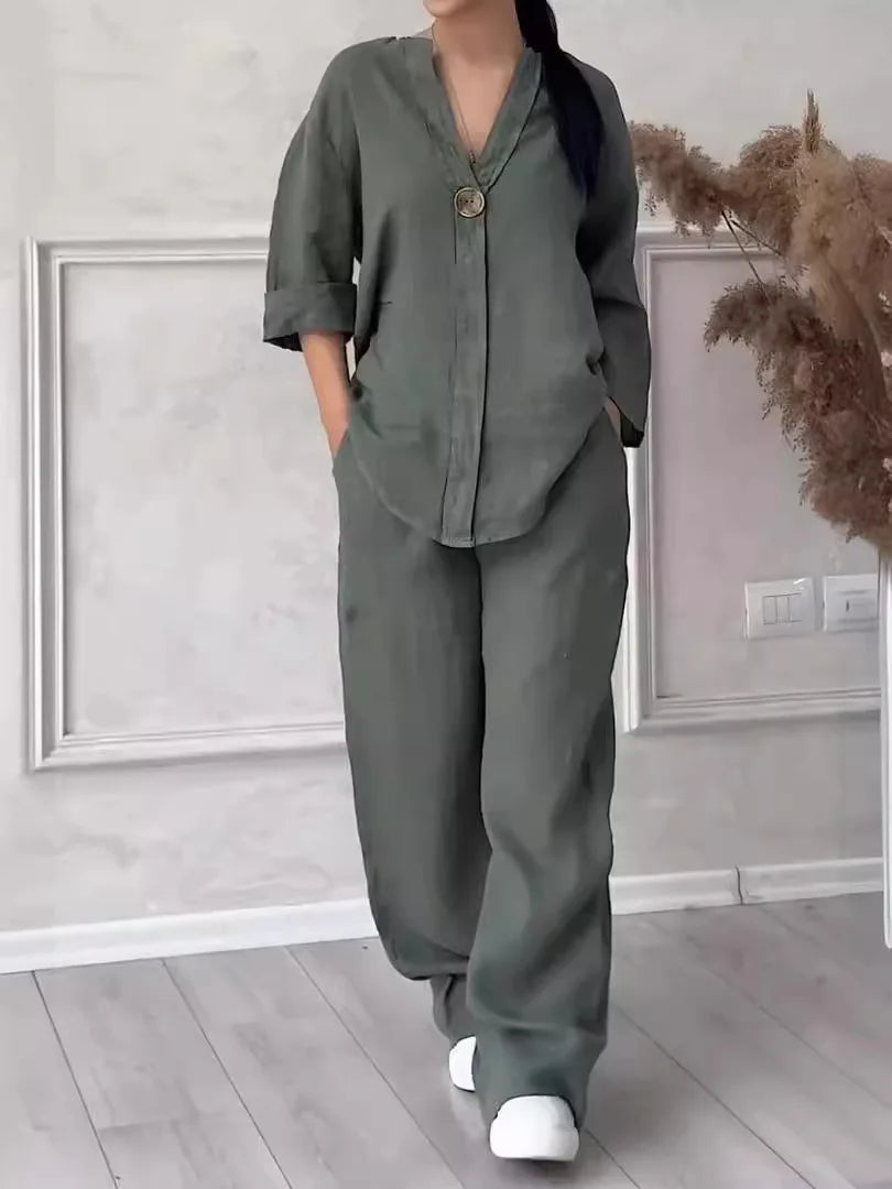 Conjuntos de lino y algodón, dos piezas, venta informal, manga larga, blusa holgada con botones, camisa y pantalones sueltos de pierna ancha de alta elasticidad, trajes NMD-3021