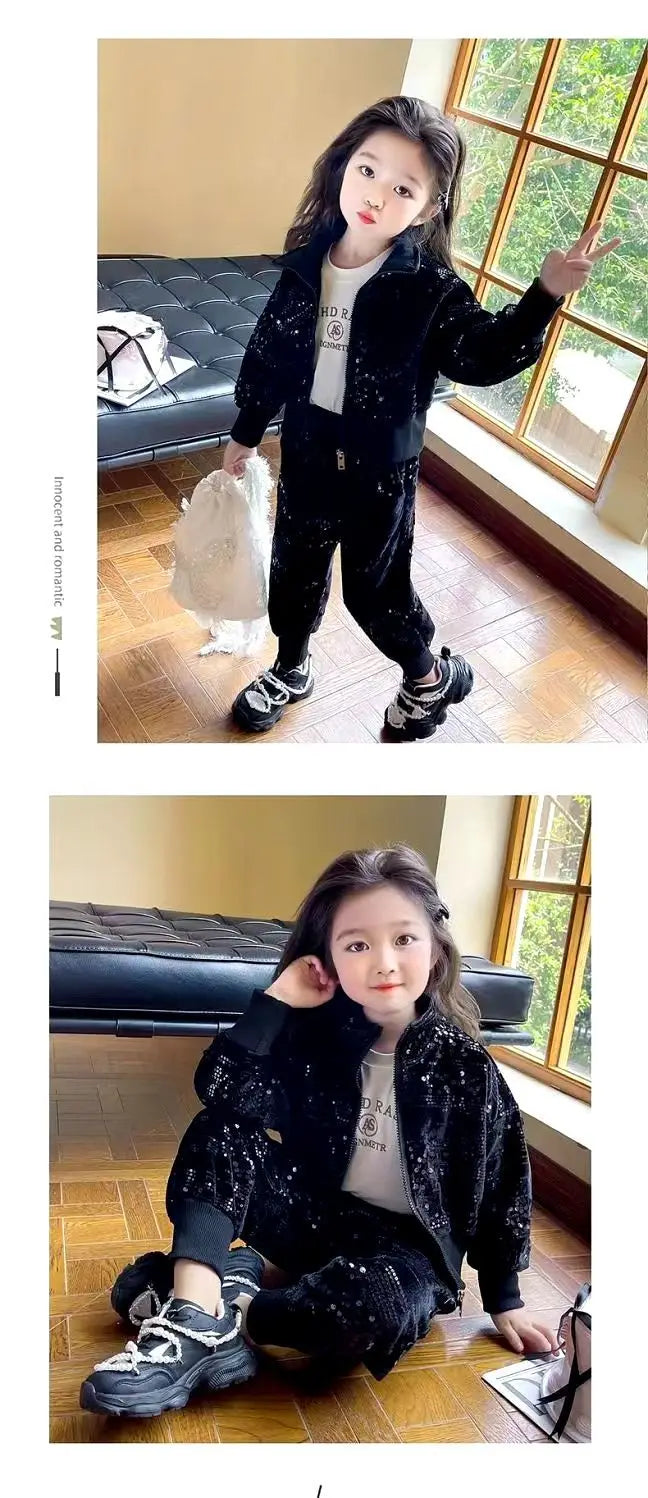 Cárdigan deportivo informal con lentejuelas para niña, conjunto de dos piezas, primavera y otoño, 2024