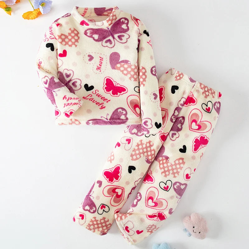 Conjunto de 2 piezas de franela con estampado de moda para otoño/invierno para niños, camiseta con cuello redondo y calentamiento de corazón para niñas, pantalones de lana suave para niños