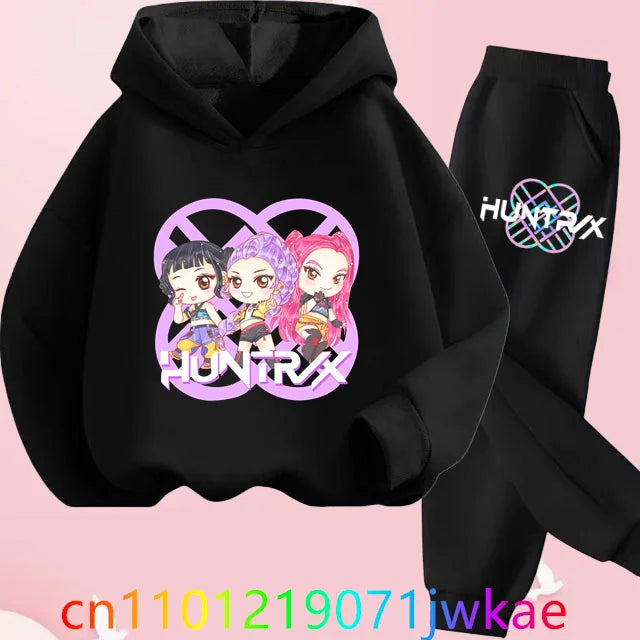 Conjuntos de sudaderas con capucha y pantalones de cazadores de demonios para adolescentes, Sudadera con capucha de película de Anime coreano para niños y niñas, trajes deportivos con capucha de manga larga a la moda