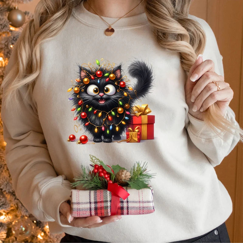 Regalo de amante de los gatos para Navidad, sudaderas para mujer, lindas y esponjosas luces de gatos, sudaderas con capucha de vacaciones, sudaderas navideñas para amantes de los animales