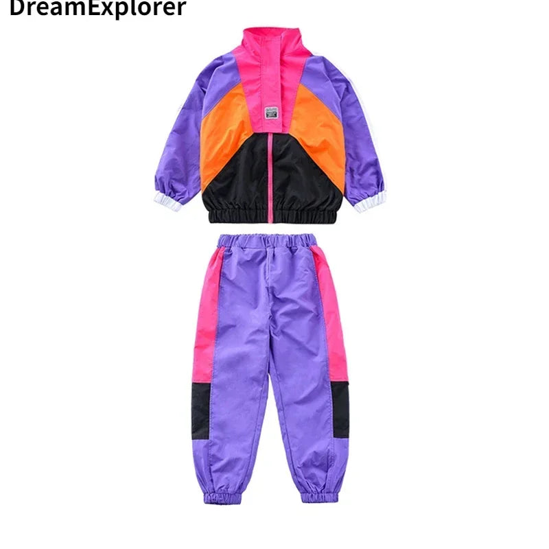 Abrigo de contraste de Hip Hop para niños y niñas, conjunto de ropa de Jazz para correr, chaqueta de retazos de baile callejero, pantalones de chándal, disfraz para niños, ropa de calle