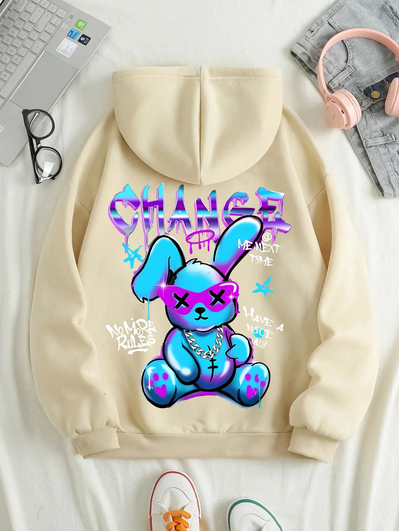 Sudadera con estampado de dibujos animados de conejo para mujer, Sudadera con capucha de calle que combina con todo, sudaderas informales con cuello redondo, jersey, ropa de gran tamaño