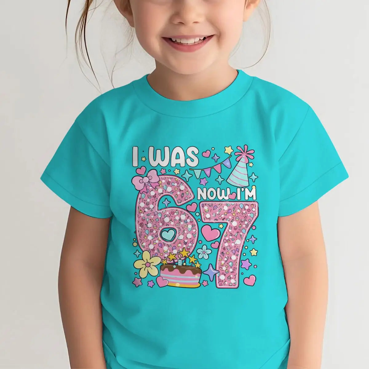 Camiseta para niñas con estampado de números, de algodón, de manga corta y cuello redondo, para el séptimo cumpleaños, con la frase 'I Was 6 Now I'm 7', para niñas de 7 años