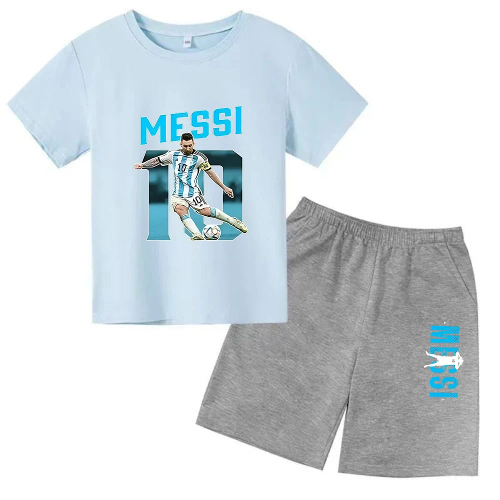Conjunto de verano para niños, camiseta de manga corta con estampado Messi + Pantalones cortos, conjunto de 2 uds., traje deportivo informal a la moda para niños y niñas, ropa para fanáticos