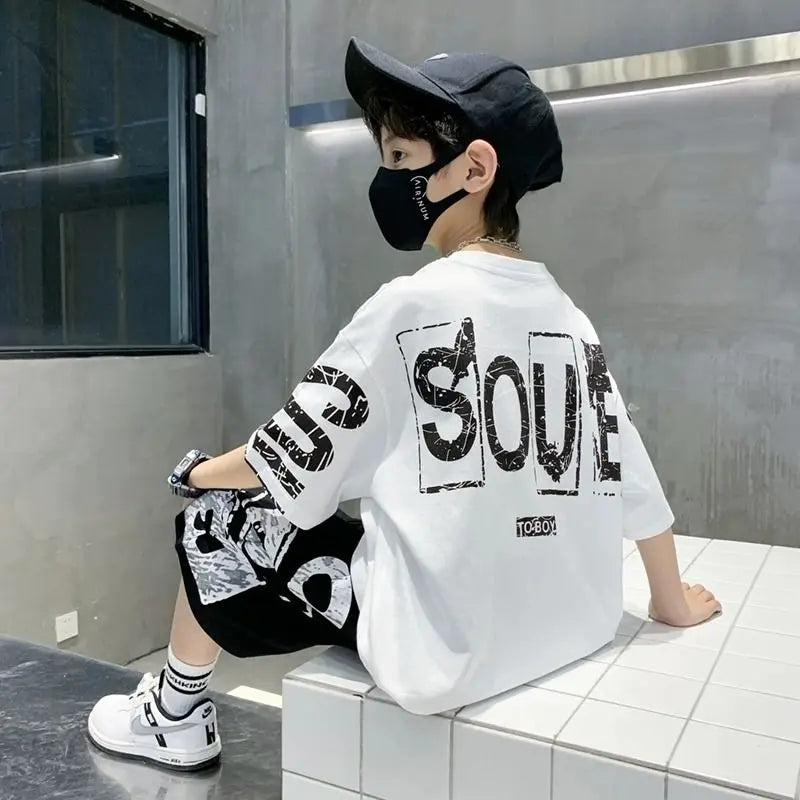Conjunto de ropa deportiva informal para niños, camisetas de 2 piezas y pantalones, trajes de 3 a 14 años, estilo Hip Hop, moda de verano