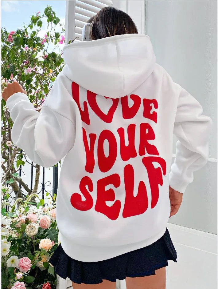 Sudadera con capucha de lana con hombros caídos para mujer con nueva letra trasera estampada