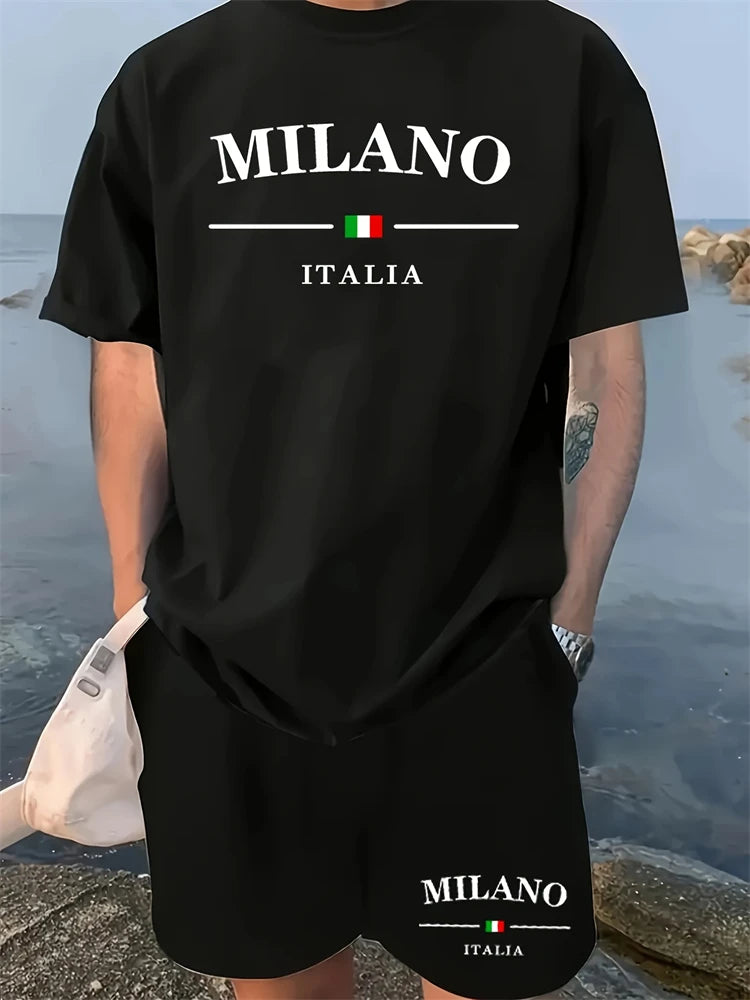 Nuevo traje corto de manga corta con cuello redondo para hombre, moderno y sencillo para actividades al aire libre y uso diario, conjunto de dos piezas